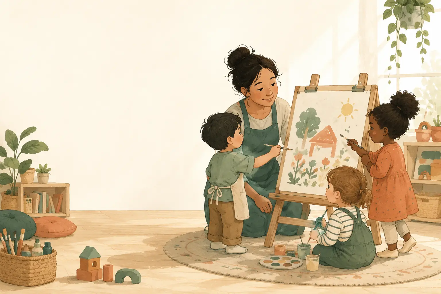 Illustration of an early childhood educator and children painting together at a daycare.