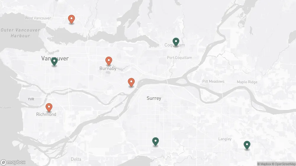 Map of Metro Vancouver showing clustered daycare locations