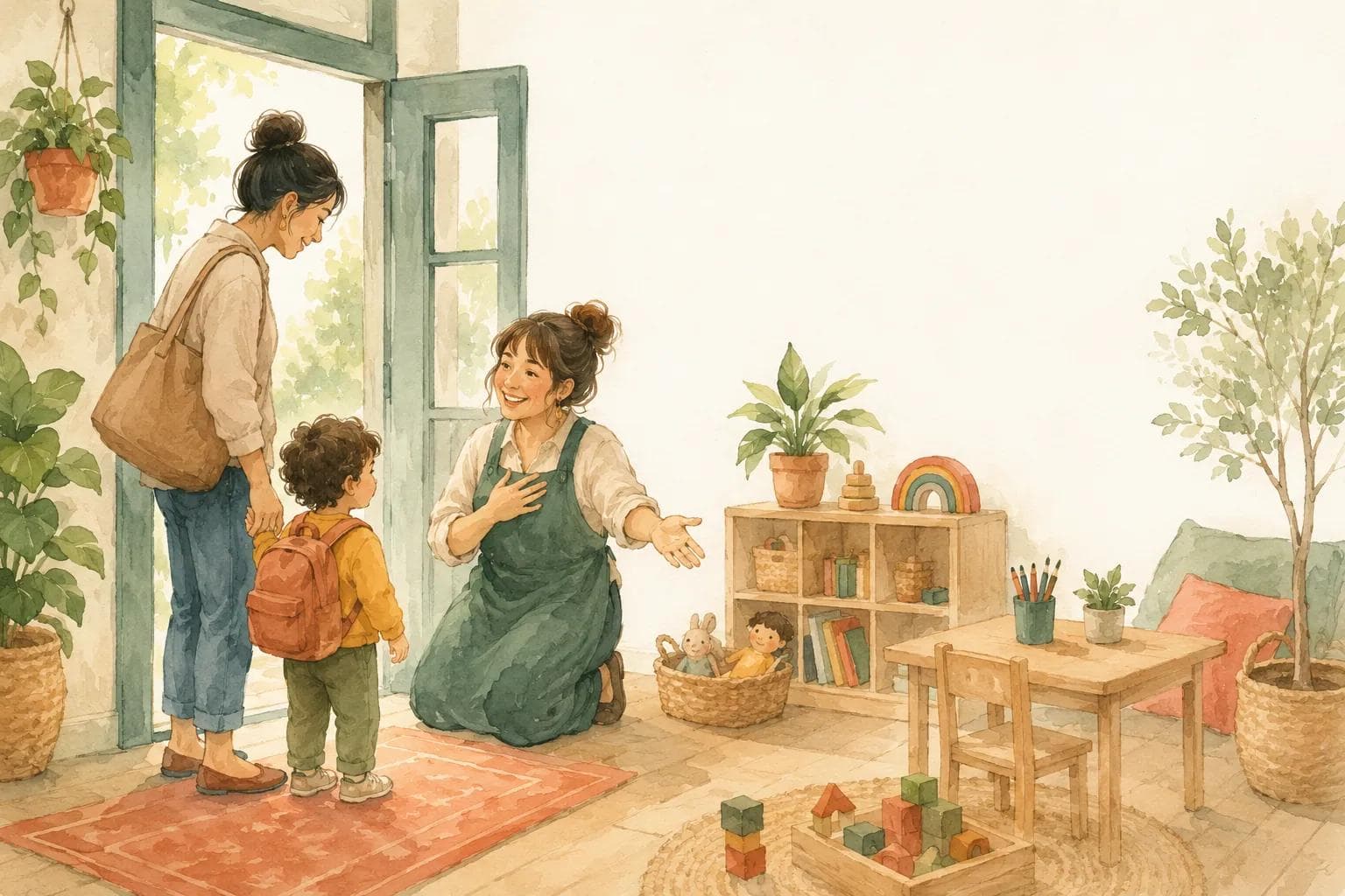 An early childhood educator welcoming a parent and young child at the door of a licensed daycare