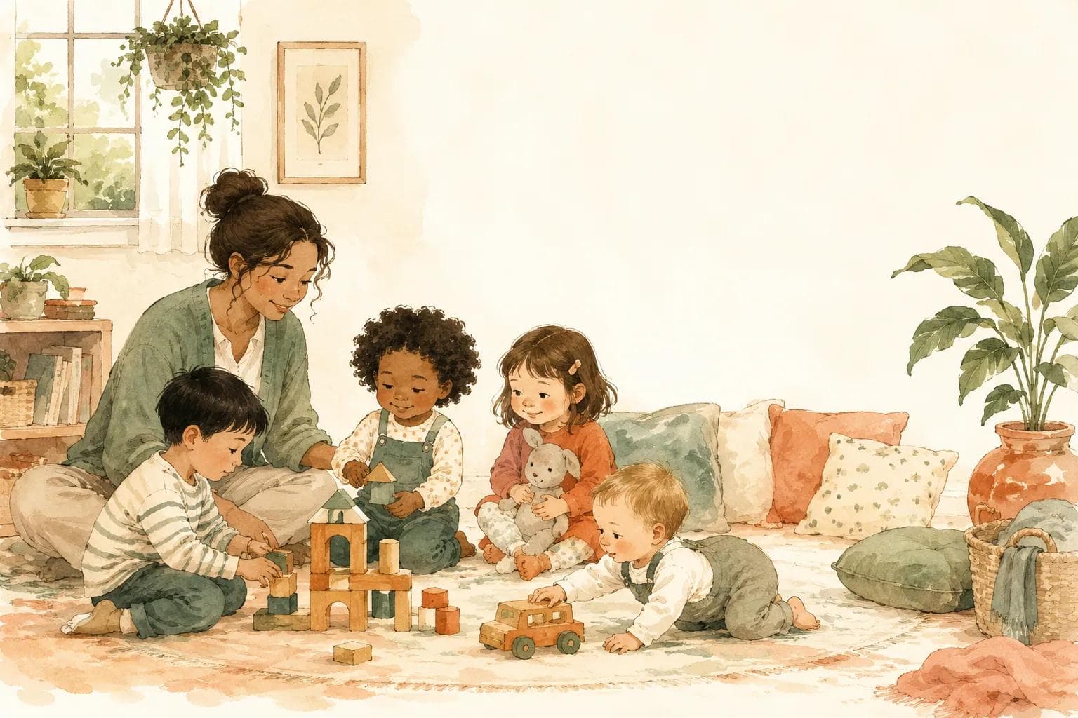 A caregiver with a small mixed-age group of children playing in a homey room