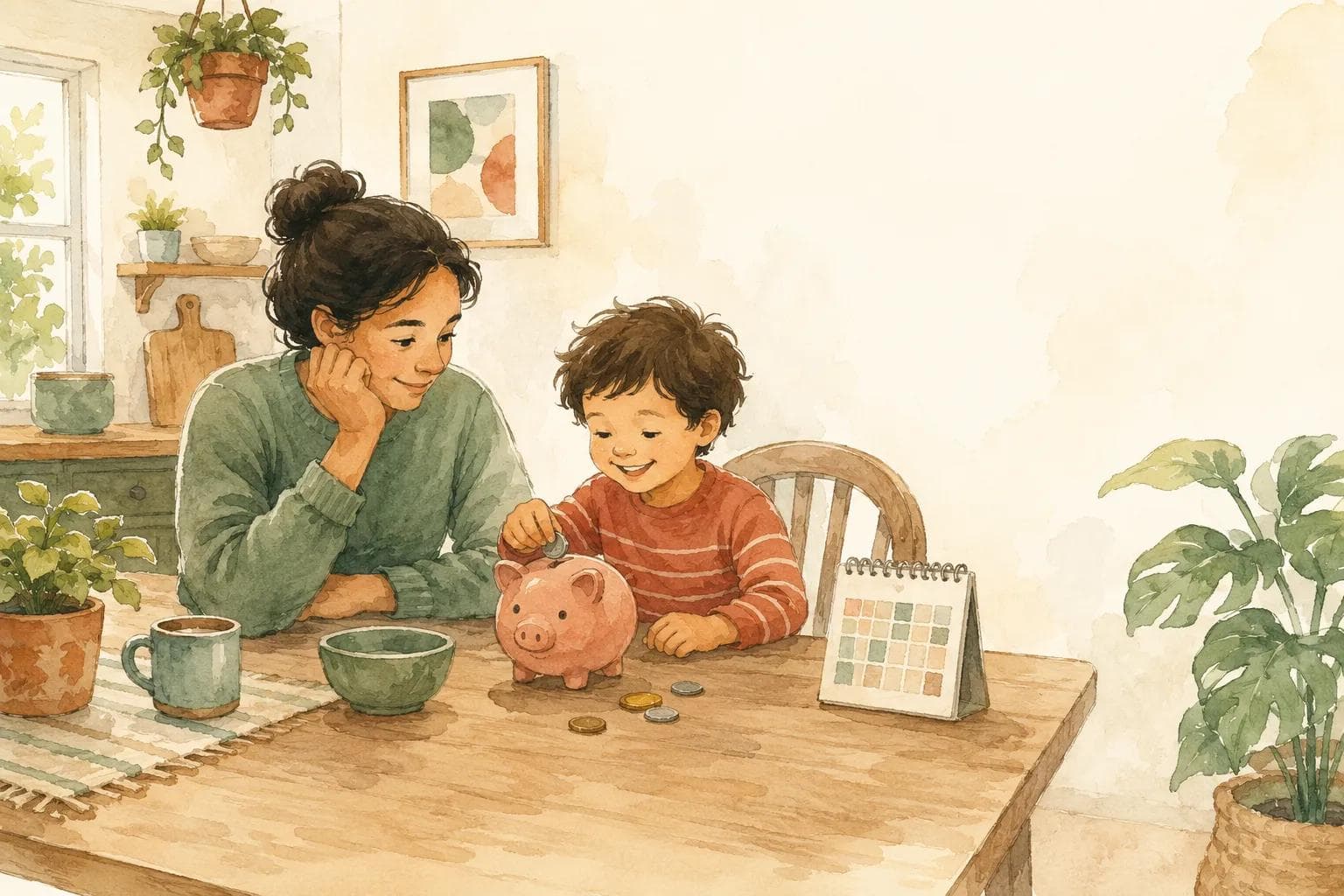 A parent and child at a kitchen table with a piggy bank, representing the cost of childcare