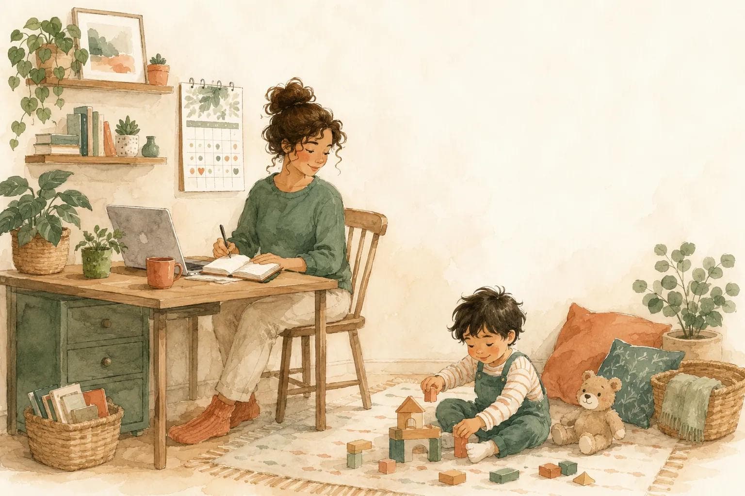 A parent organizing daycare waitlists at a desk with a calendar while their child plays nearby
