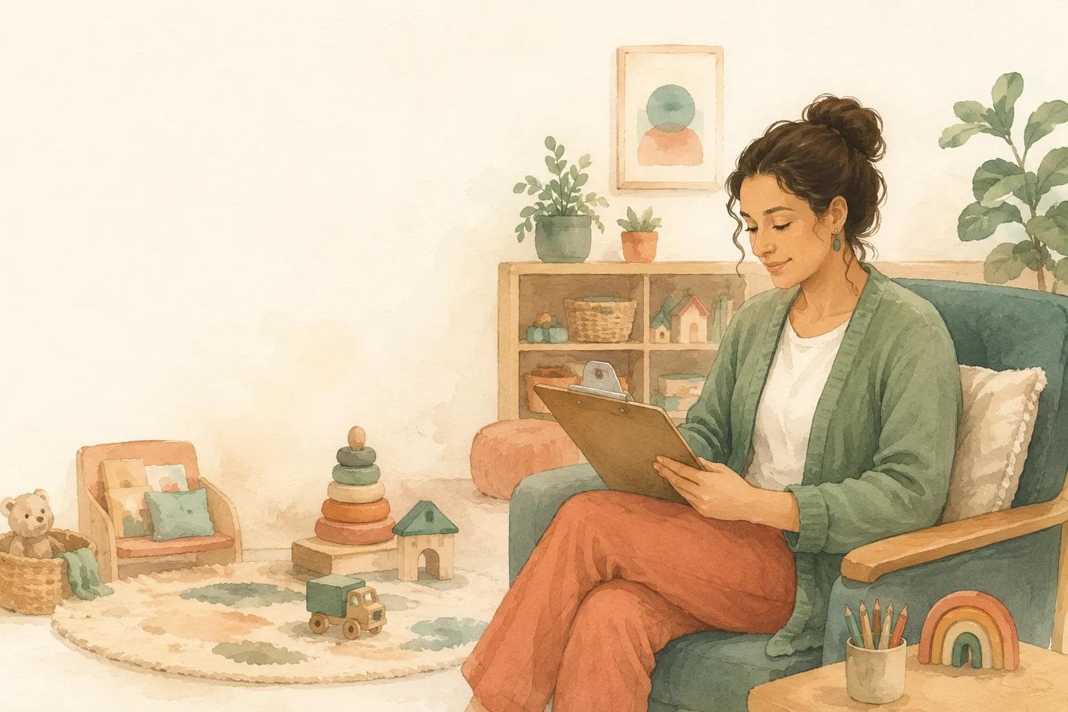 An adult reviewing a clipboard with a daycare room softly visible in the background