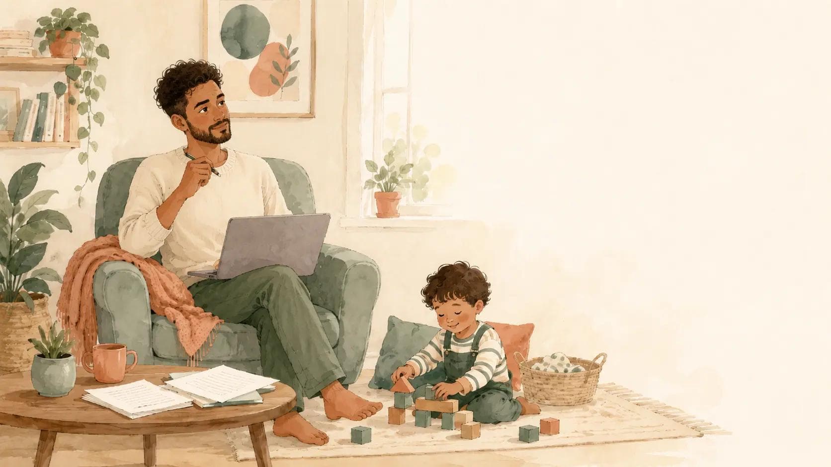 A parent working out childcare subsidy options on a laptop while their child plays nearby.