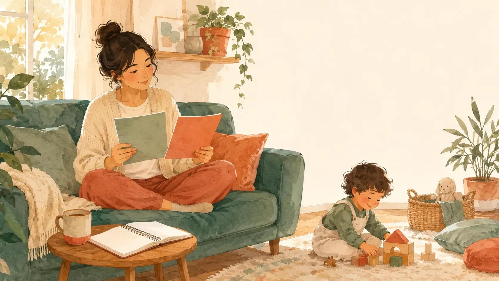 A parent comparing daycare options at home with a notebook while their child plays nearby